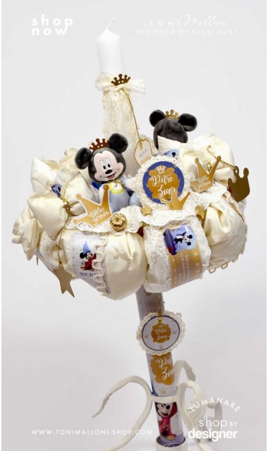 Lumanare botez Mickey Mouse personalizata grafic si inspirata din lumea Disney cu note roiale The King 1